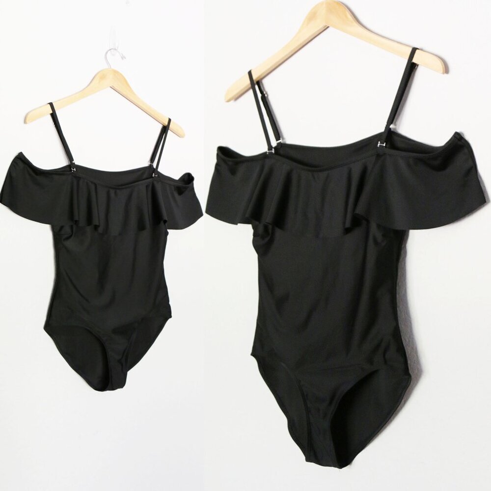Black Off Shoulder or Strapless Ruffle One Piece Swimsuit S Padded Modest Beach